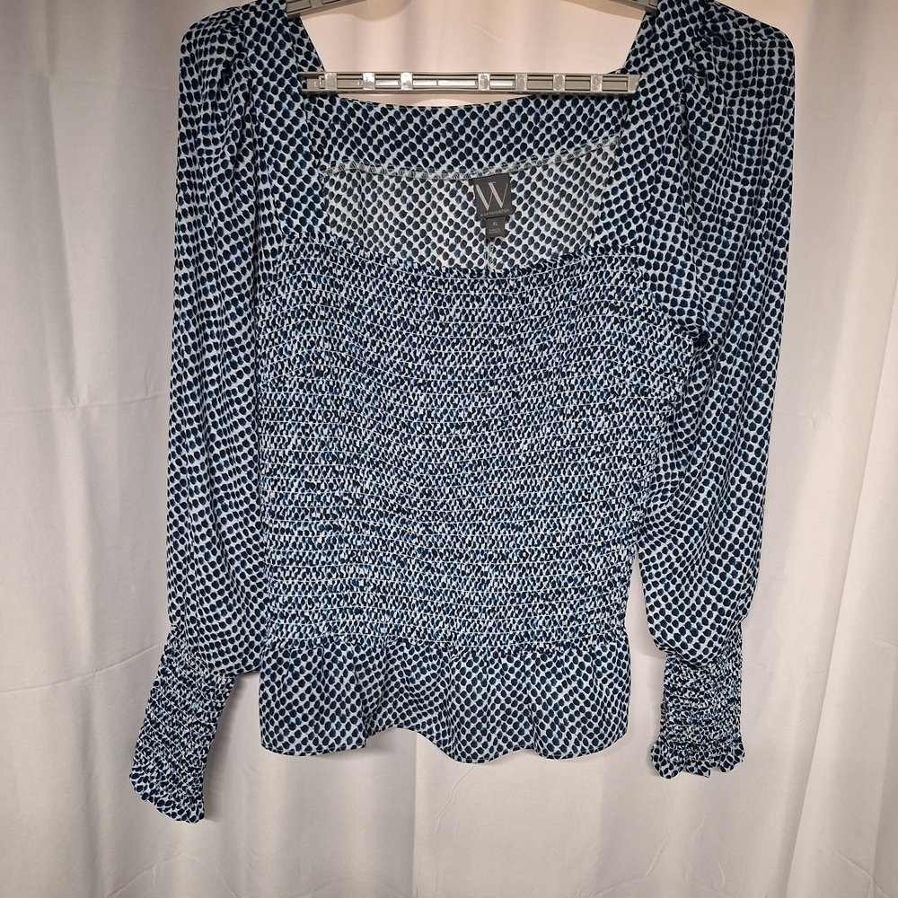 Worthington Navy and White Geometric Blouse Stockenette Stitch Square Neck.